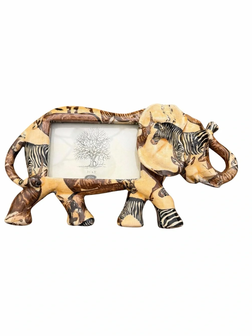LaVie Ceramic Safari Elephant Picture Frame Zebra Print 3.5x5 Photo Holder 12.5”